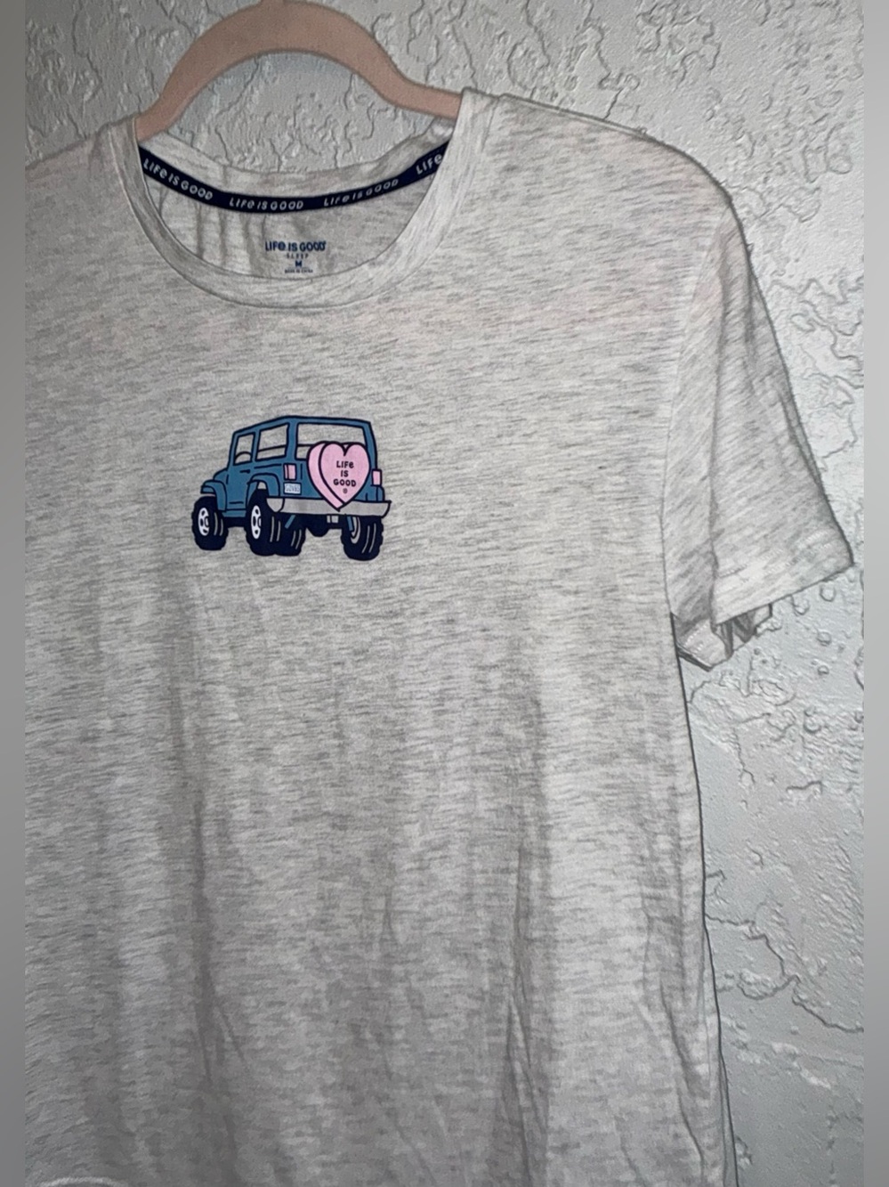 Life Is Good Light Heather Gray  Sleep Tee with Blue Jeep and Pink Heart - Picture 4 of 7